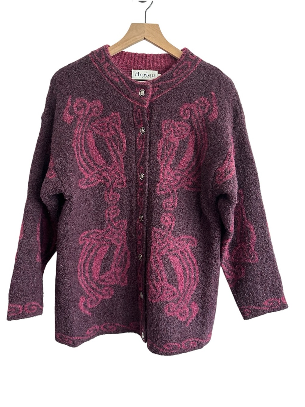 VTG Harley of Scotland Women Sweater Med Cardigan Red Maroon Rose Pattern Wool